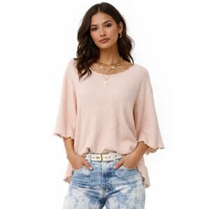 HAYSTACKS Women's Textured Cotton Blend Lettuce Hem Top Pink Size Medium